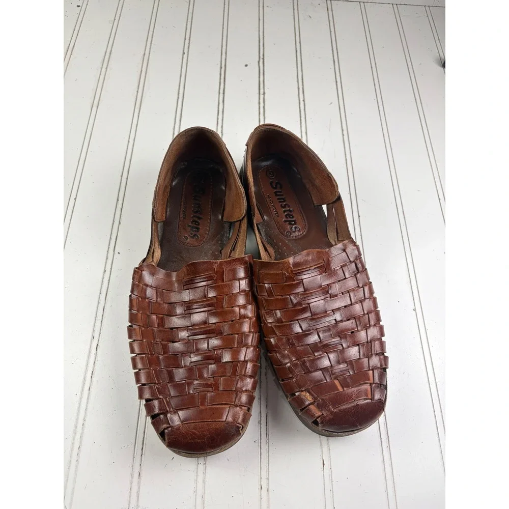 Sunsteps Brown Woven Leather Slip On Huaraches Men's Size 8.5 Women's Size 10